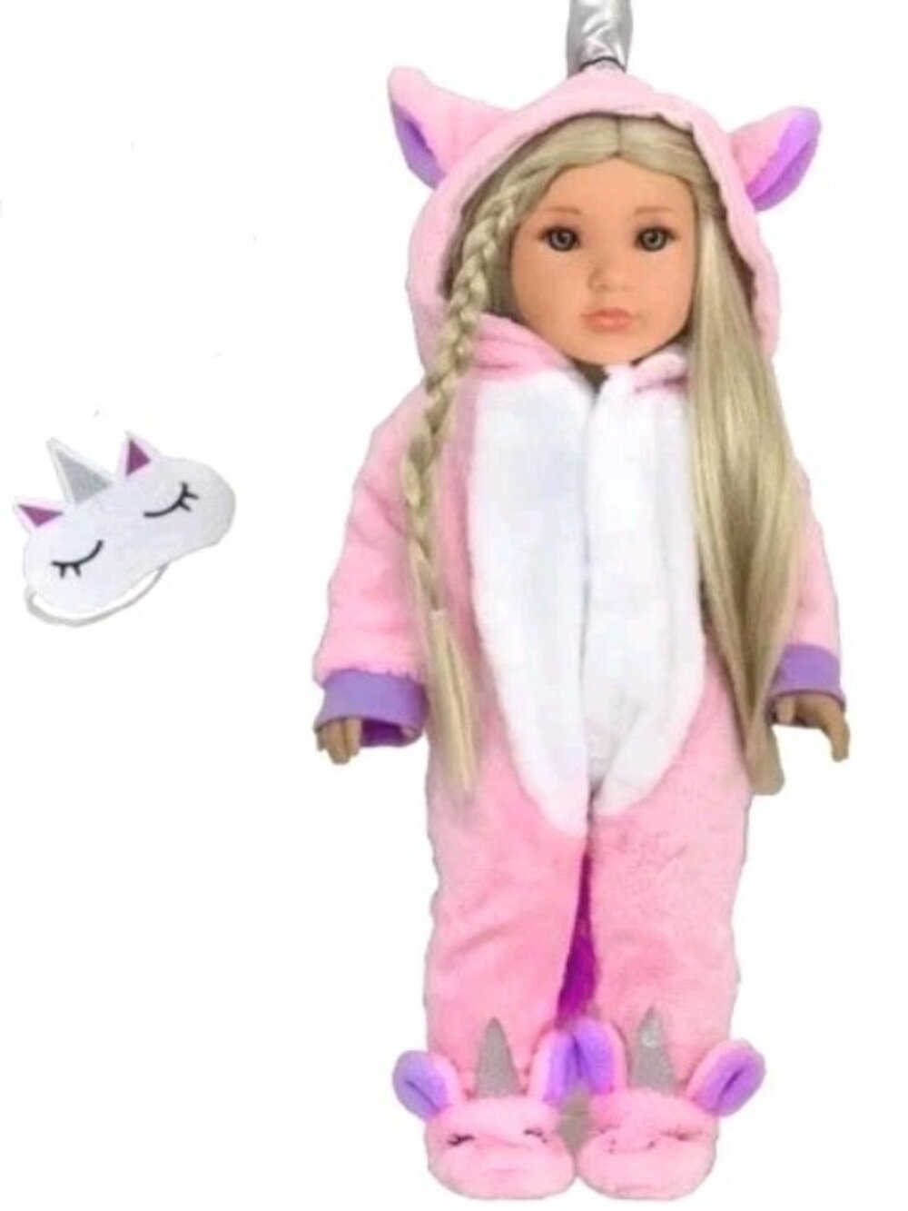 My Genius Dolls Unicorn Pajamas for 18" Dolls Pink/White One-Piece + Eye Mask
